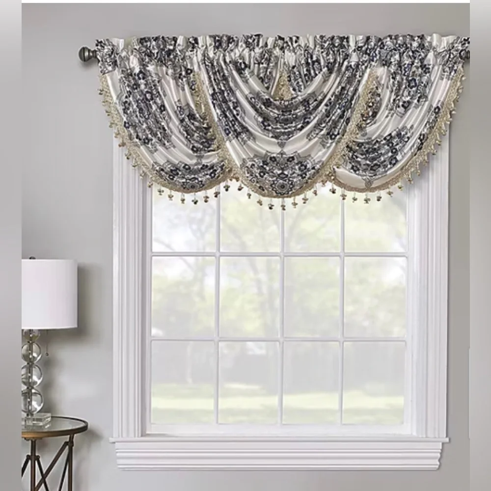 Elegant Waterfall Valance (window curtains) – Navy, White & Gold